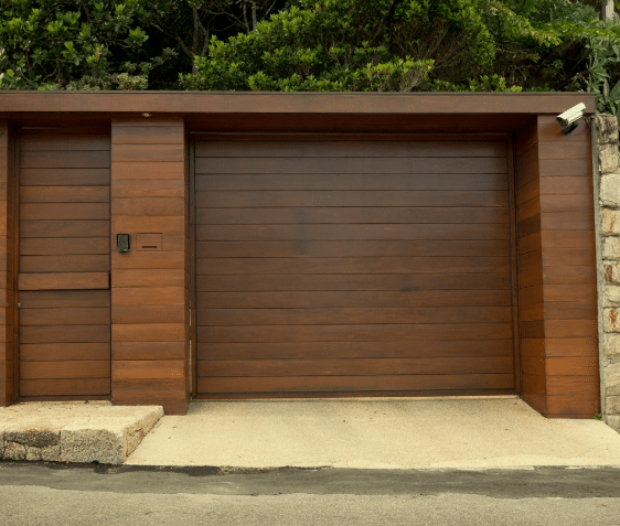Wooden garage with pedestrian door
